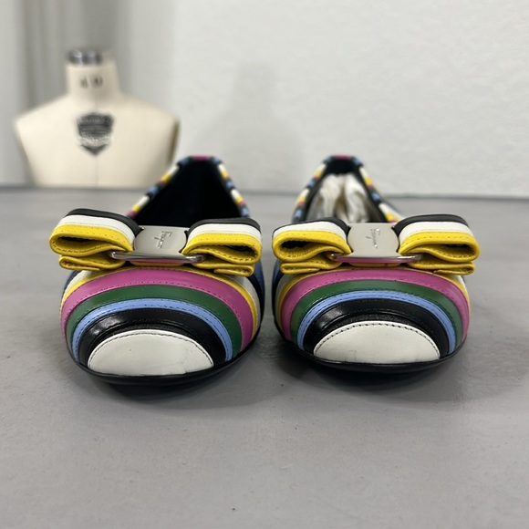 Salvatore Ferragamo Varina Rainbow Stripe Flats Bow Logo - Picture 5 of 13